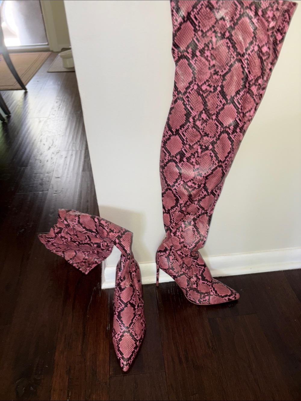 Steve Madden Pink Snake-Print Over-the-Knee Heeled Boots